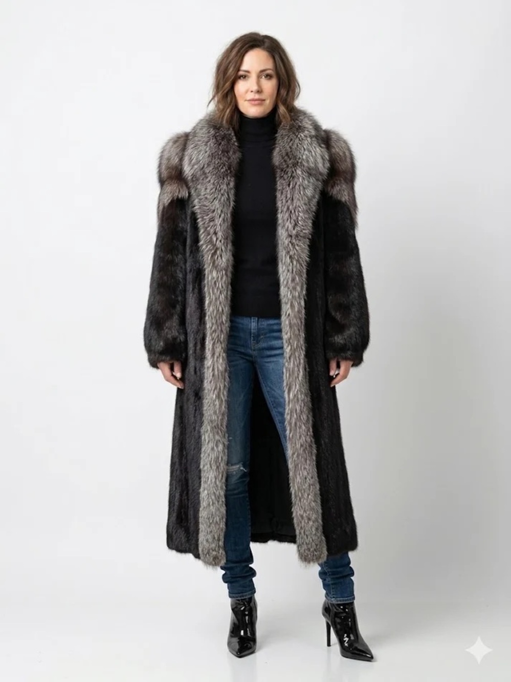Vintage Saga Mink Fur Coat Silver Fox Shawl Collar and Sleeves Size Medium